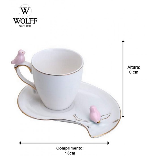 Xicara 90ml Café Porcelana Cute Birds Rosa Design Plate